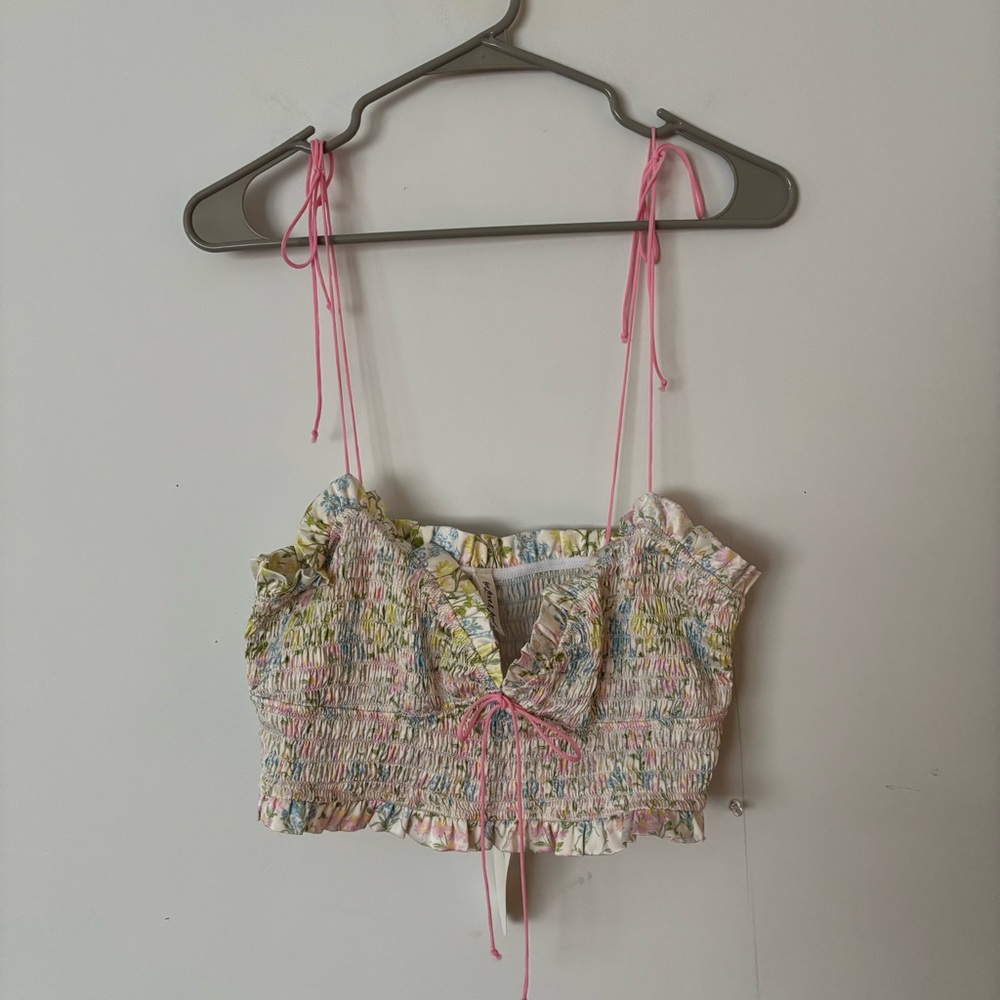 brand new! for love & lemons pastel floral pink tie strap stretch crop tank top🌷